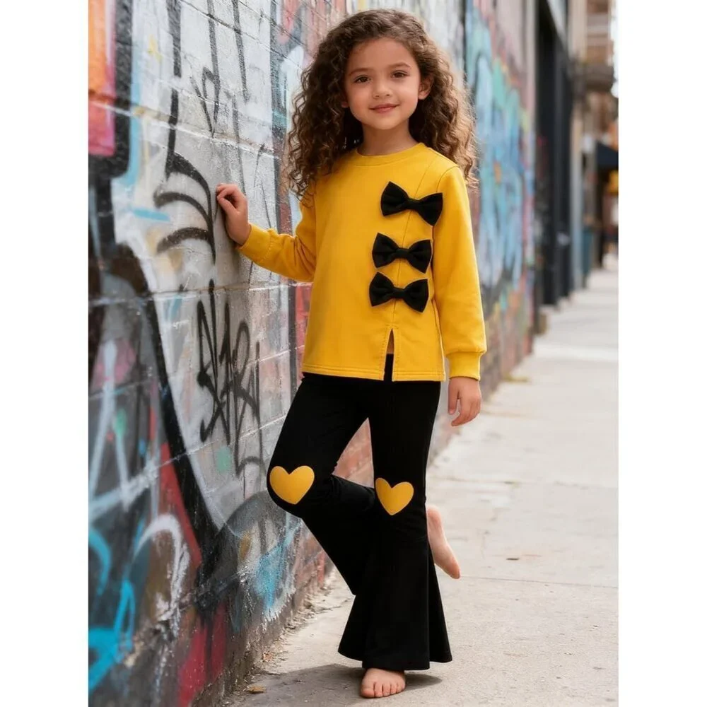 3-9 Years Kids Toddler Girl Clothes bow tie Sweatshirt Flared Pants 2Pcs Fall Wi